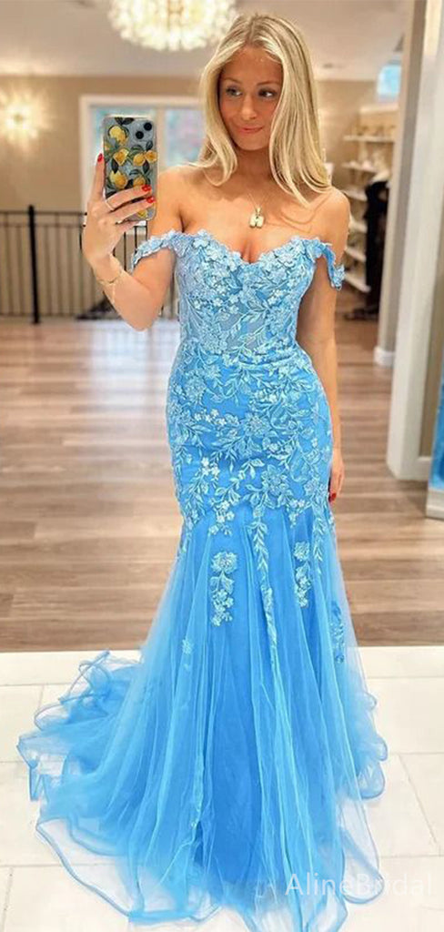 Elegant V-neck Off-Shoulder Lace Appliques Mermaid Long Prom Dress,Evening Dress,PD37823