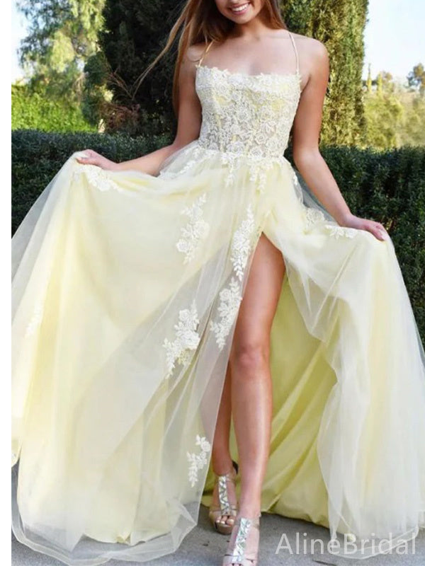 Elegant Spaghetti Strap Split Side A-line Long Prom Dress,PD37859