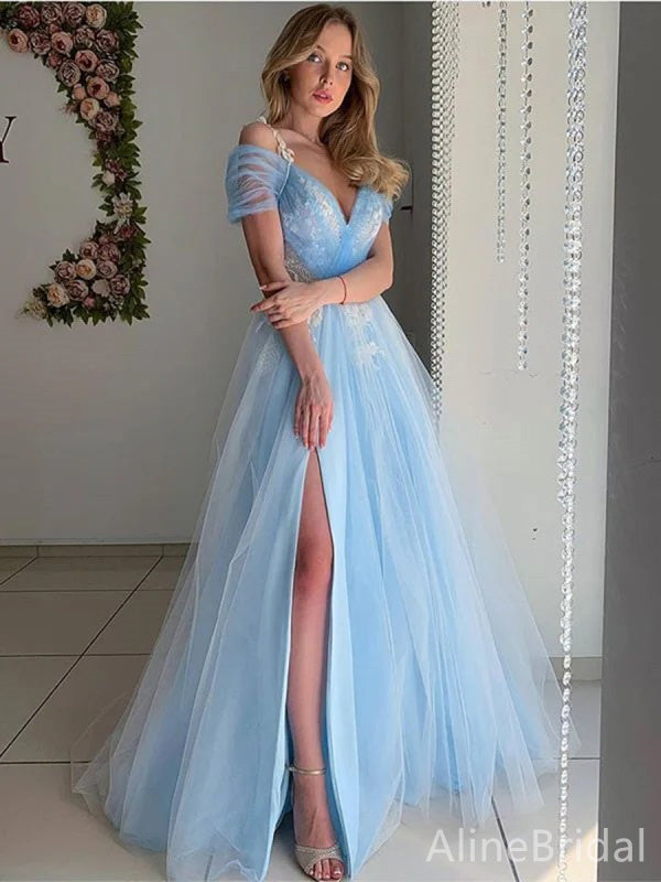 Elegant V-neck Off-Shoulder Split Side A-line Long Prom Dress,PD37904