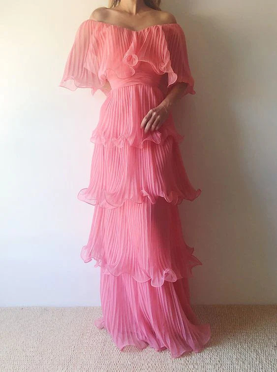 Elegant Off Shoulder Sleeveless Ruffle A-line Floor Length Prom Dress, PD3669