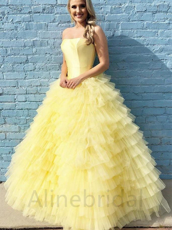 Yellow Elegant Strapless Sleeveless A-line Long Prom Dress, PD3628