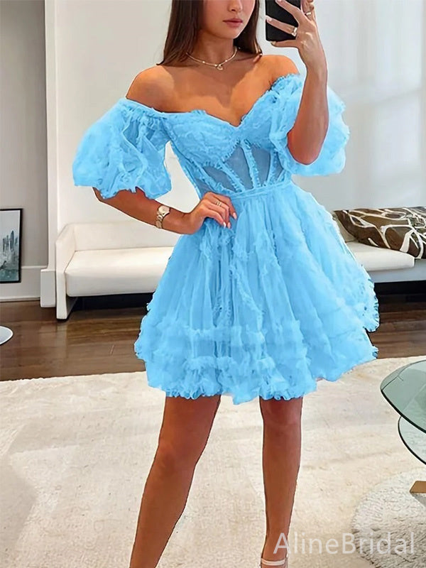 Elegant V-neck Lace A-line Short Mini Homecoming Dress, HD32686