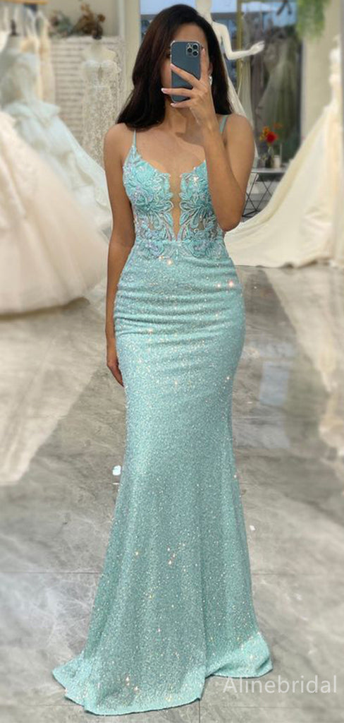 Charming V-neck Spaghetti Strap Mermaid Long Prom Dress,PD37924