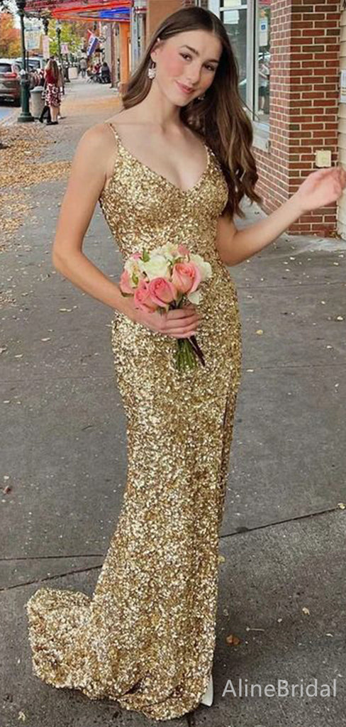 Sparkly Sequins V-neck Spaghetti Strap Mermaid Long Prom Dress,PD37925