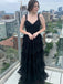 Black V-neck Sleeveless Ruffle  A-line Floor length Prom Dress, PD3717