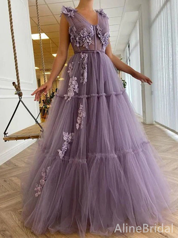 Elegant V-neck Lace Appliques A-line Long Prom Dress,PD37929