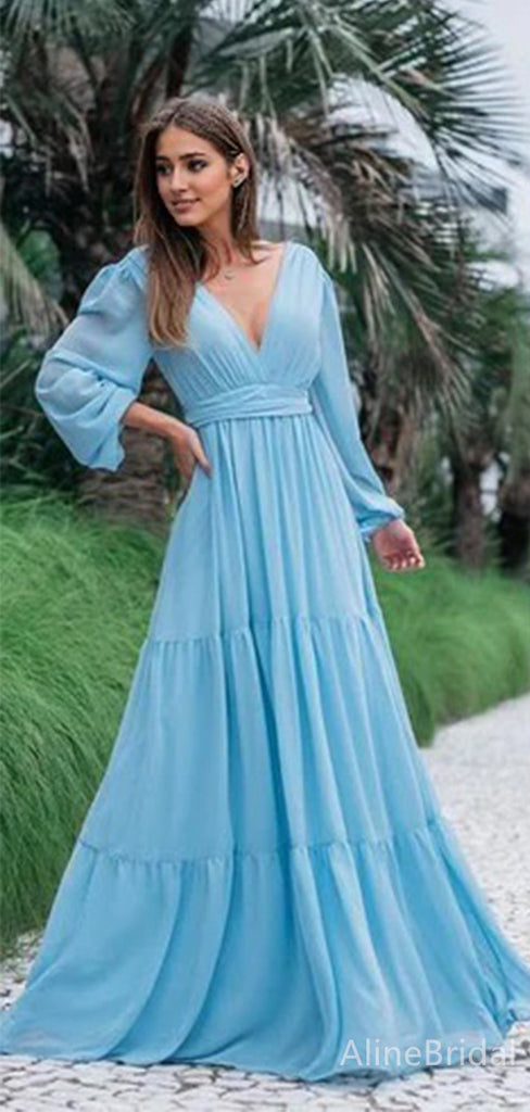 Elegant V-neck Backless Long Sleeves A-line Long Prom Dress,PD37932