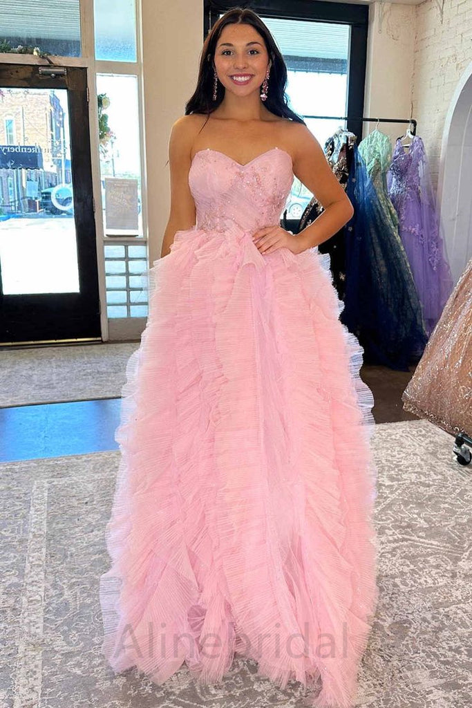 Pink Sweetheart Sleeveless Ruffle A-line Floor Length Prom Dress, PD3682