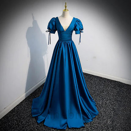 Elegant V-neck Short Sleeves A-line Floor length Prom Dress, PD3704