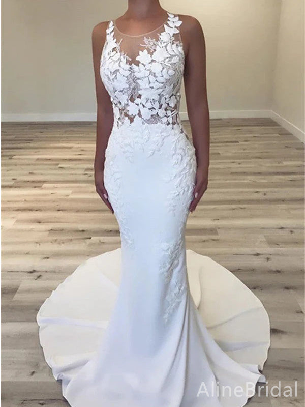 Gorgeous V-neck Lace Mermaid Long Wedding Dresses,WD3088