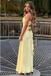 Sexy Satin Bow Backless V-neck Yellow Spaghetti Strap Mermaid Long Prom Dress,PD382015