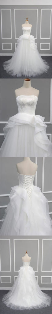 Newest Strapless Appliques Lace Up Back Unique Ruffles Tulle Ball Gown Wedding Dress, AB1104