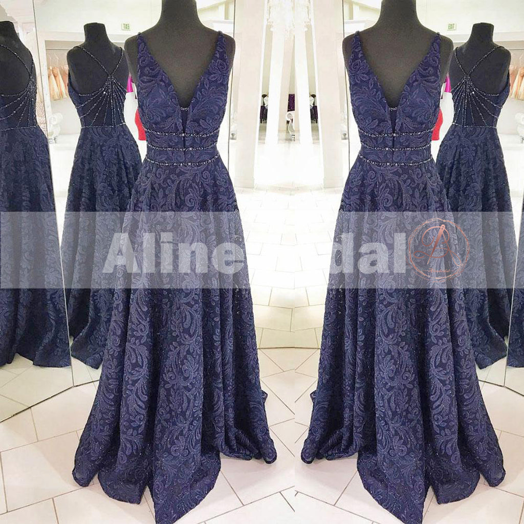 Gorgeous Navy Lace Sleeveless Beaded Strap Back A-line Prom Dresses,PD00077