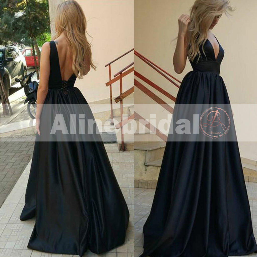 Formal Black Satin V-neck Sleeveless A-line Lace Up Back Charming  Prom Dresses,PD00079