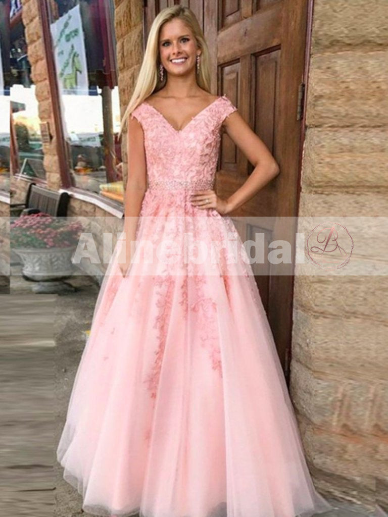 For Teens Pink Lace Appliques Off Shoulder With Beaded A-line Prom Dresses,PD00082