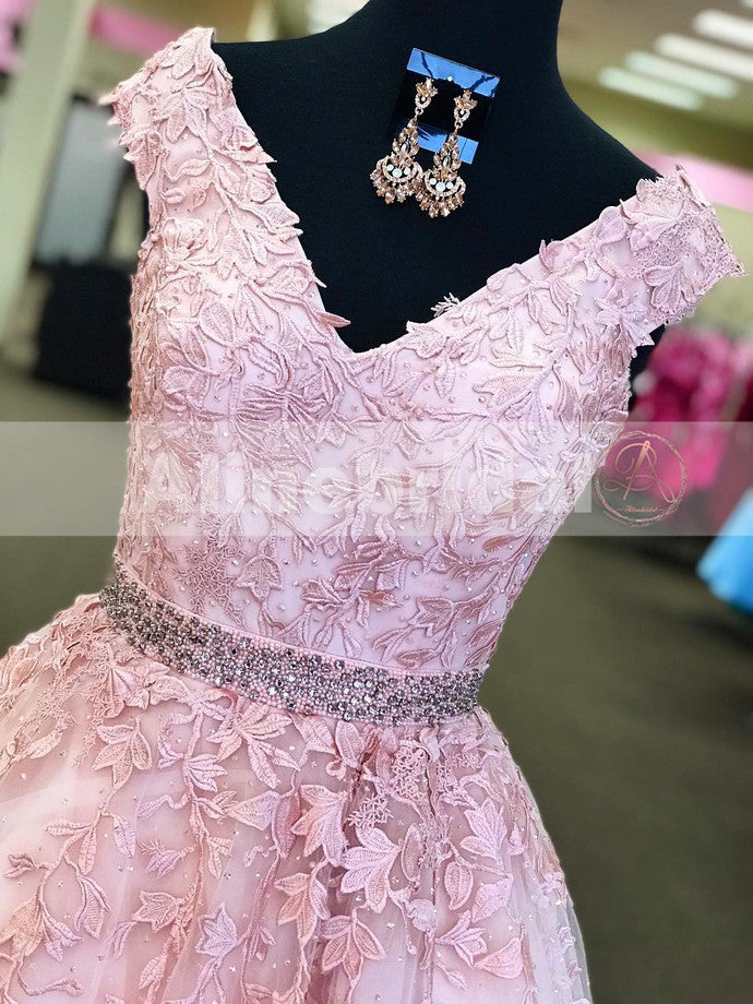 For Teens Pink Lace Appliques Off Shoulder With Beaded Sash A-line Prom Dresses,PD00082