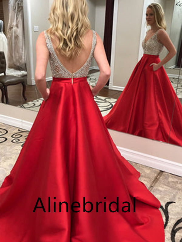 Elegant Red V-neck Sleeveless A-line  Long Prom Dress, PD3523