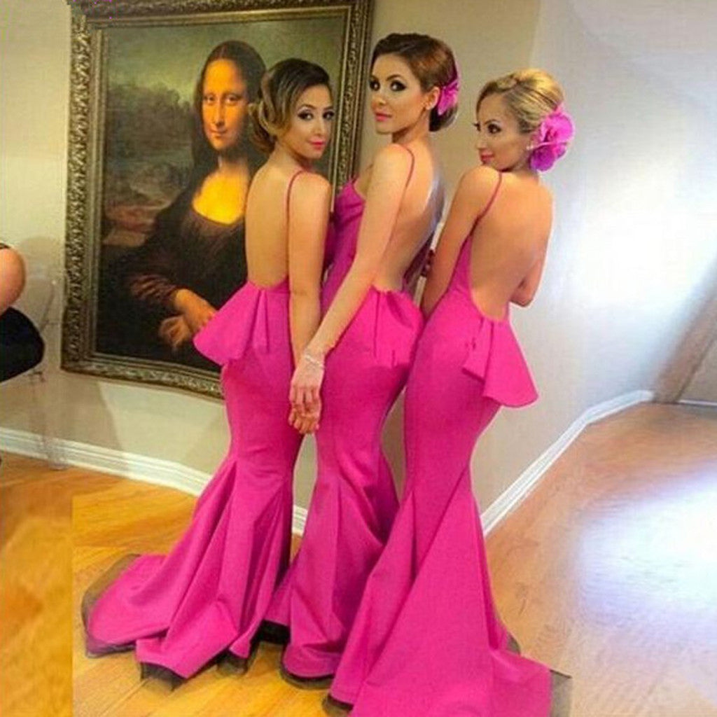 On Sale Beautiful Sexy Backless Mermaid Young Girls Rose Red Long Bridesmaid Dresses with Small Train, WG131