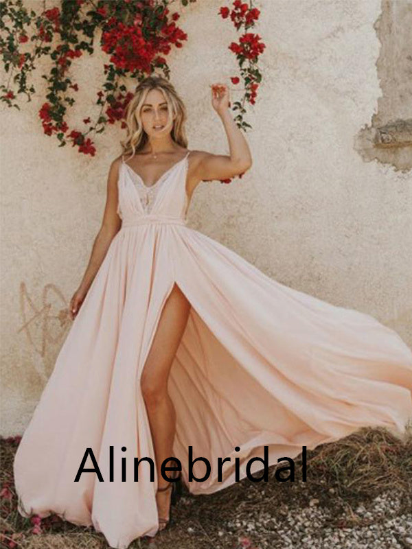 Elegant V-neck Sleeveless Side slit A-line  Long Prom Dress, PD3524