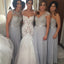 Popular Women Mismatched Lace Top Grey Chiffon Formal Floor Length Cheap Bridesmaid Dresses, WG168