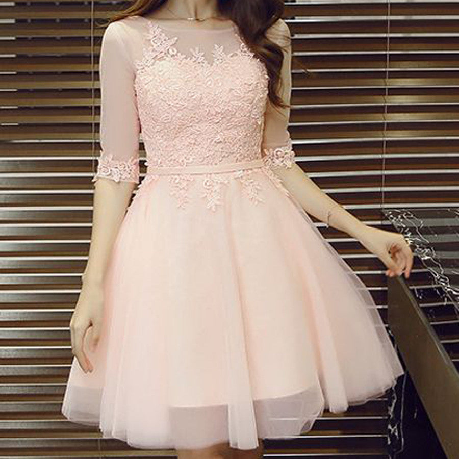 Pink lace A-line with half sleeve lovely elegant party gown homecoming dresses,BD00174
