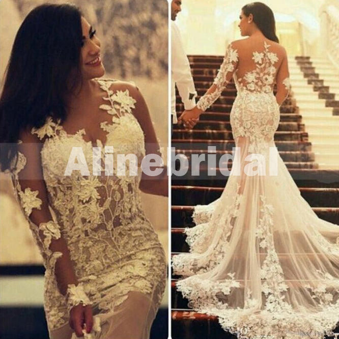 Long Sleeve See Through Mermaid Sexy Bridal Gowns Wedding Party Dresses, WD0112