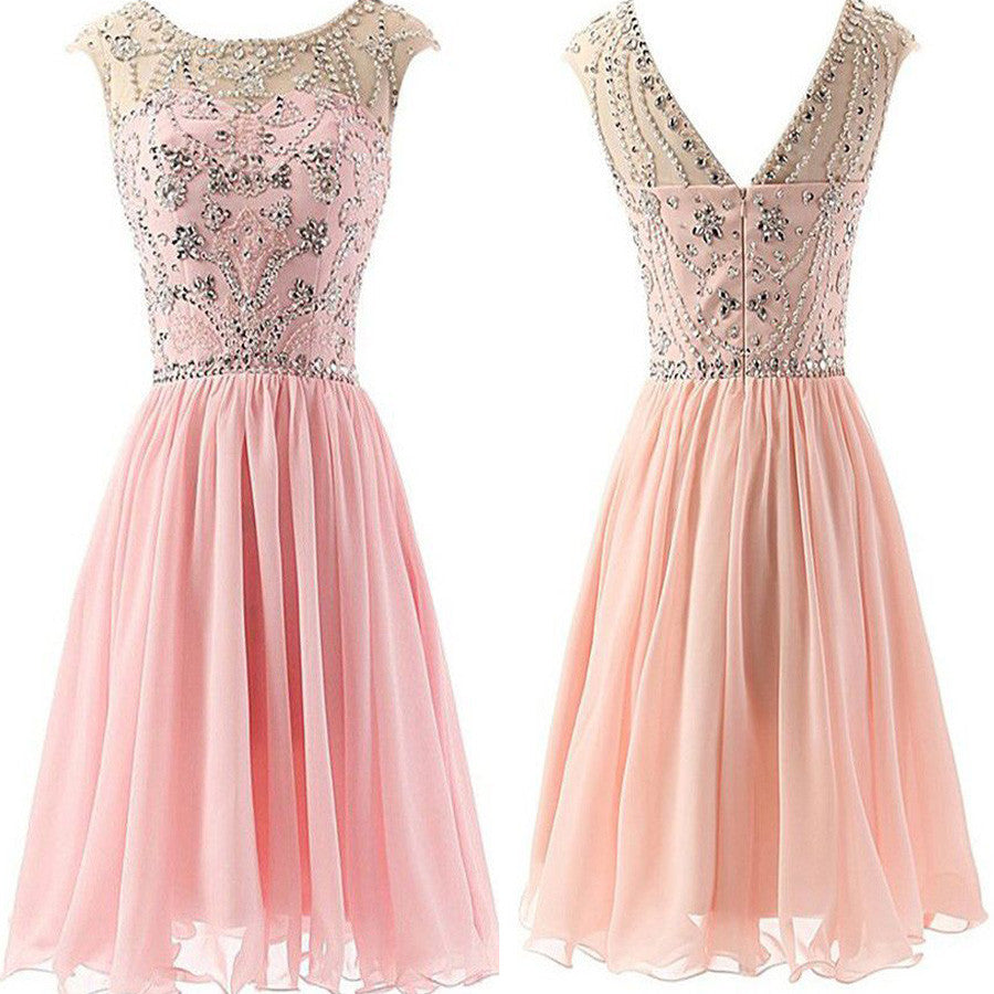 Pink Beaded Chiffon Elegant fashion cute graduation freshman casual evening party homecoming dresses, BD00194