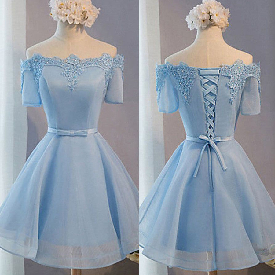 Light Blue off shoulder with short sleeve lace lovely homecoming prom dresses, BD00198