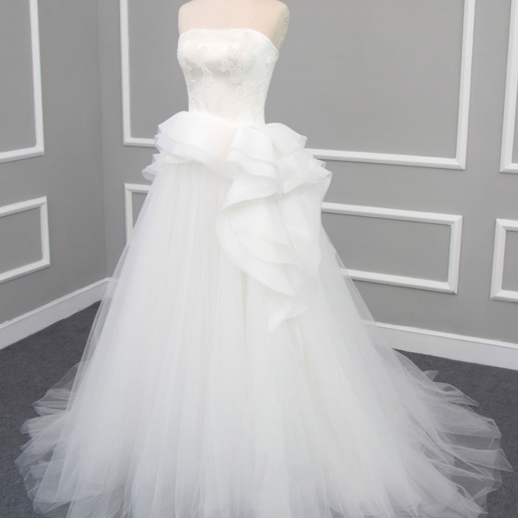 Newest Strapless Appliques Lace Up Back Unique Ruffles Tulle Ball Gown Wedding Dress, AB1104