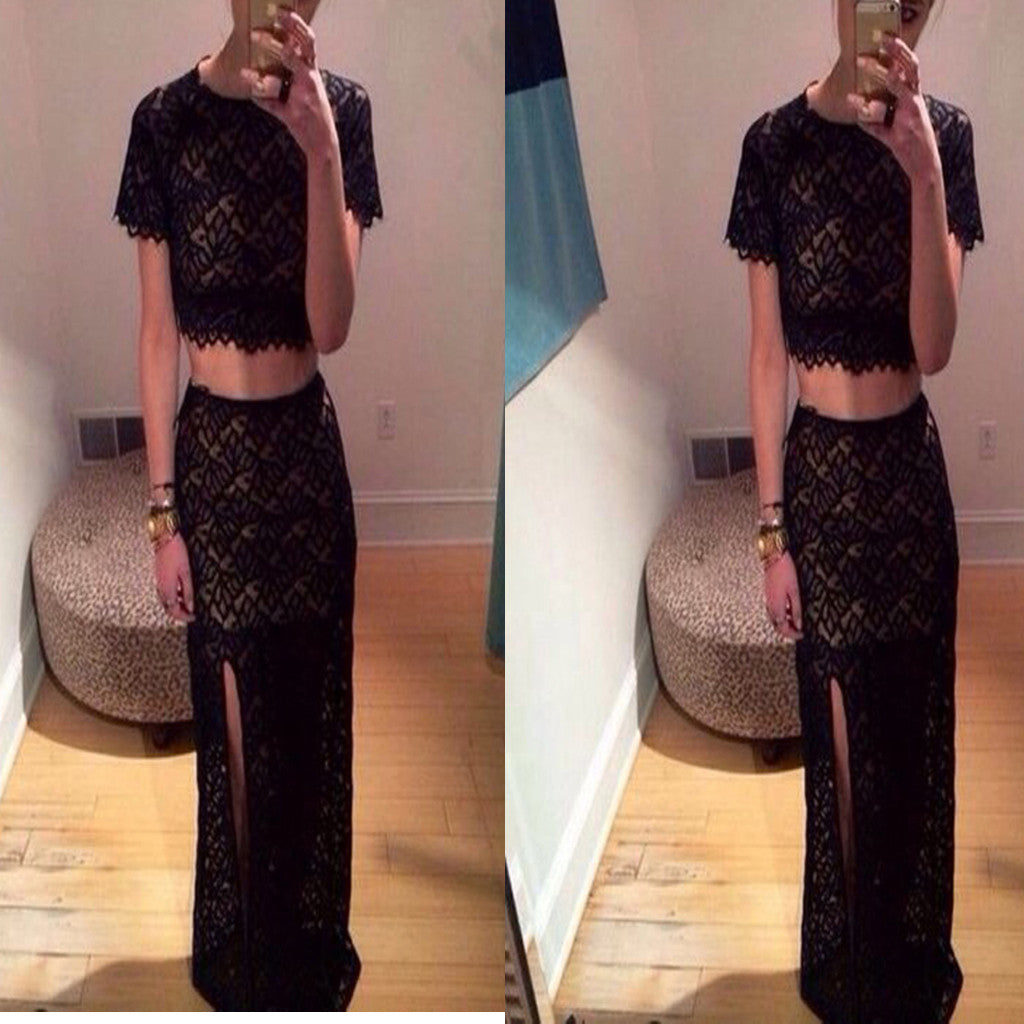 Long Black Two Pieces Lace Cocktail For Teens Prom Dress ,PD0171