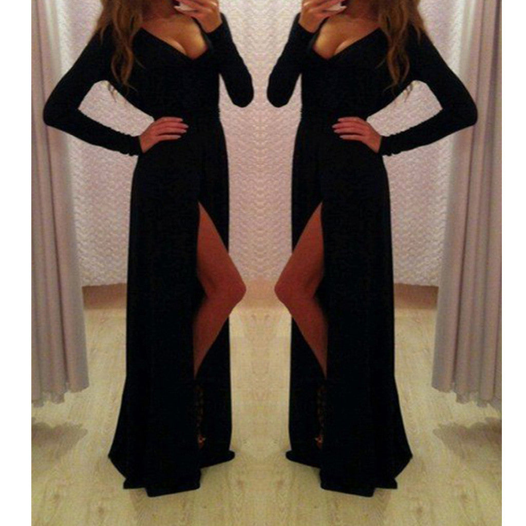 New Long Sleeve Black A-line Sexy Elegant Modest Evening Party Dress. PD0214
