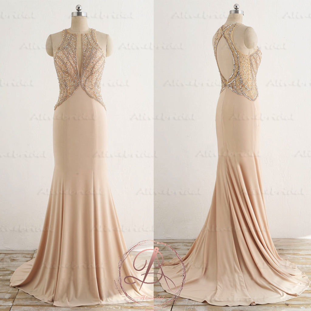 Gorgeous Sparkly Beading Sequins Open Back Mermaid Cut Neck Long Prom Gown Dresses,PD00036