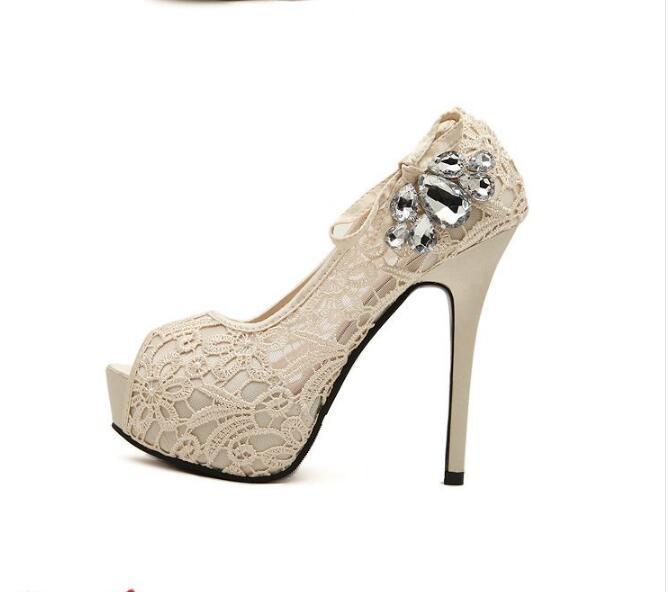Hand Made High Heels Fish Toe Lace Sexy Wedding Bridal Shoes, S037