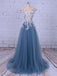 Popular Handmade Flowers V-neck A-line Prom Gown Dresses,PD00046