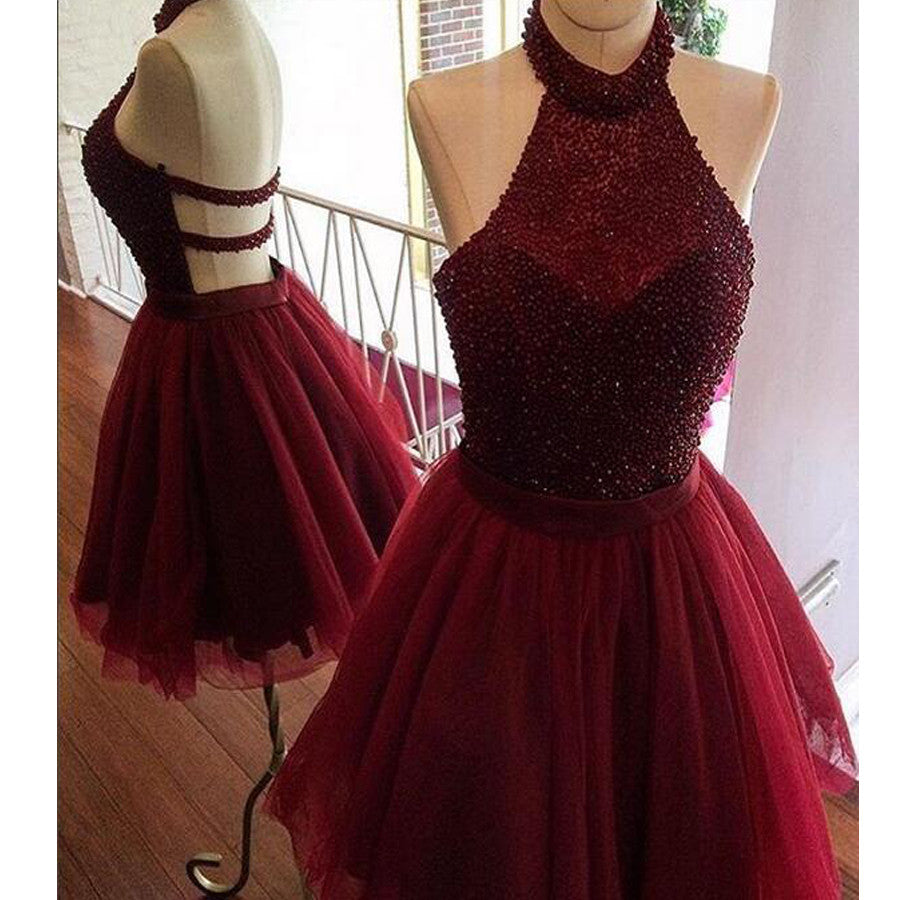 New Arrival Burgundy Halter Beaded Open Back Unique  homecoming dresses,BD00108