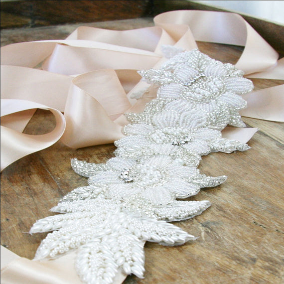 Gorgeous Crystal Rhinestone Bridal Belt, Pearl Bridal Belt,Beaded Flower Wedding Belt, White Sash, SA0037