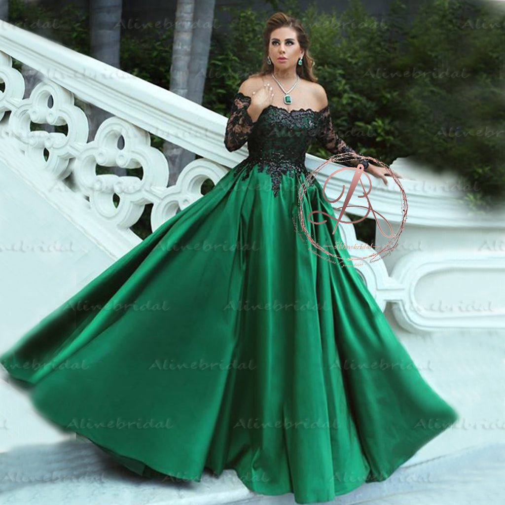 Charming Off Shoulder Black Appliques Green Satin Ball Gown Prom Gown Dresses,PD00047