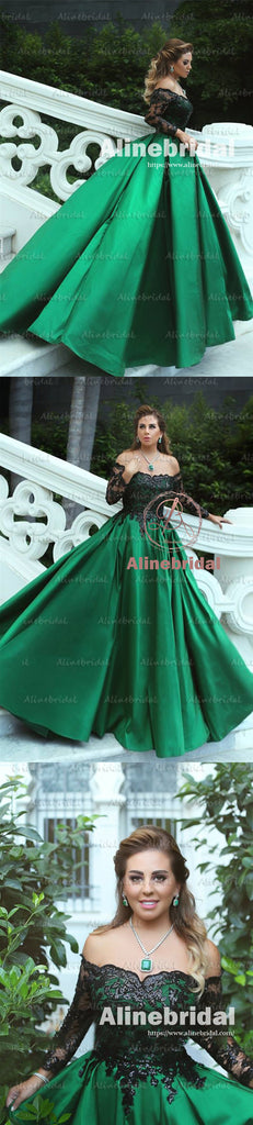 Charming Off Shoulder Black Appliques Green Satin Ball Gown Prom Gown Dresses,PD00047