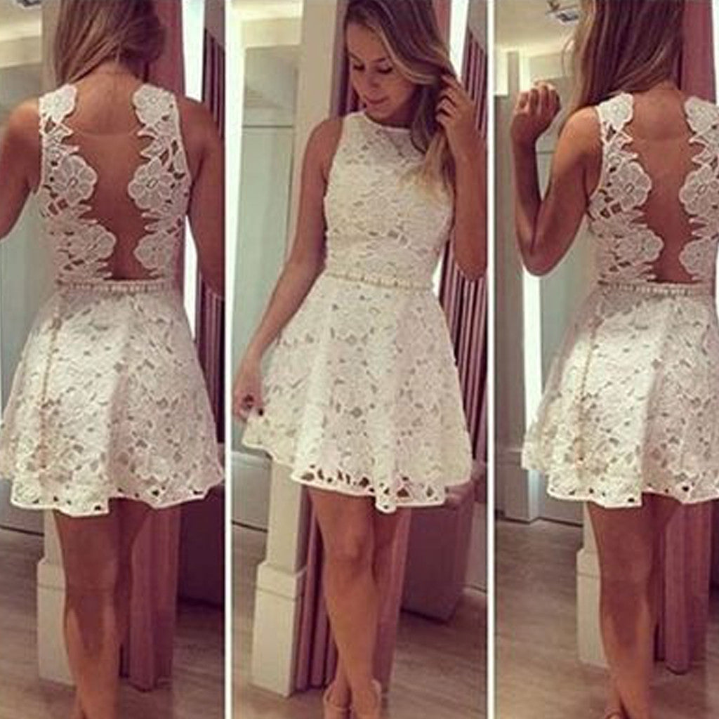 Short white lace simple see through mini cute homecoming prom dresses,BD0031