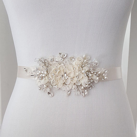 Ivory Floral Bridal Belt,Wedding Belt,Crystal Rhinestones Girl Sash,Lace Appliques Sashes, SA0028