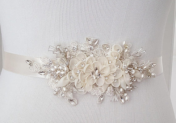 Ivory Floral Bridal Belt,Wedding Belt,Crystal Rhinestones Girl Sash,Lace Appliques Sashes, SA0028