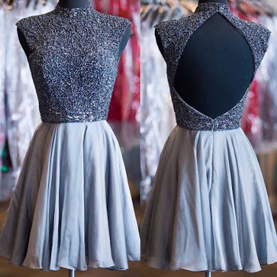 Grey beads sparkly high neck open back vintage elegant homecoming prom dress,BD0034
