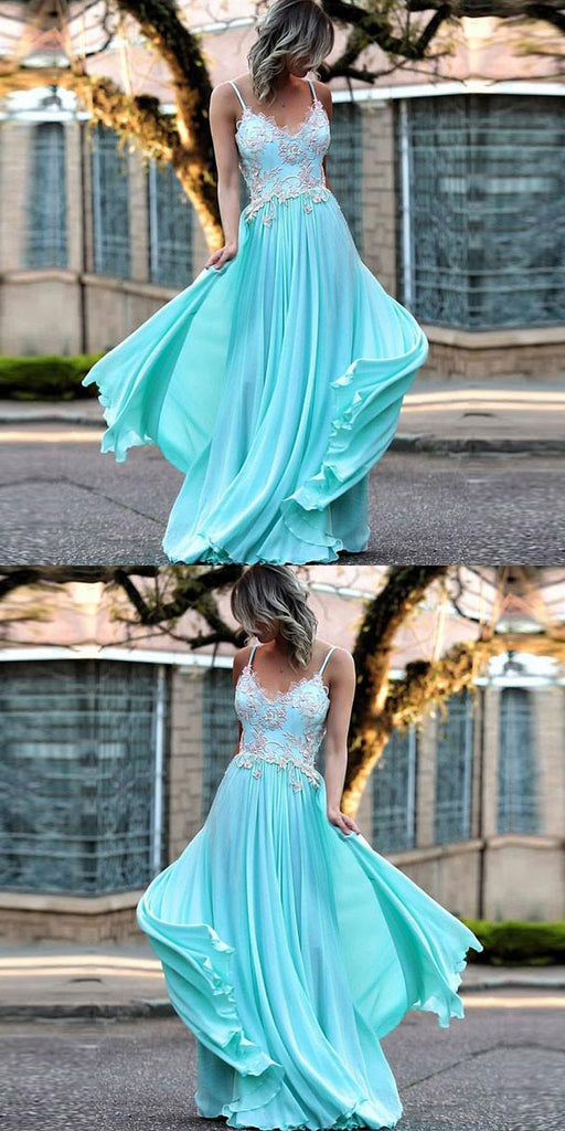 Elegant Blue Spaghetti Strap V-neck Lace Appliques Chiffon High School Prom Dresses,PD00014