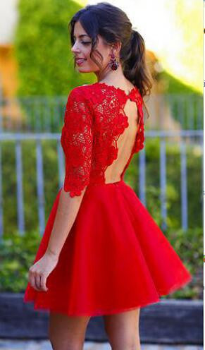 Red Sexy Long sleeve open back lace homecoming dresses, CM0002