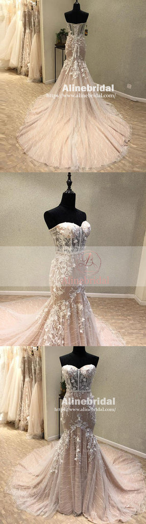 Stunning Sweetheart Strapless Lace Appliques Mermaid Lace Up Back Prom Dresses,PD00052