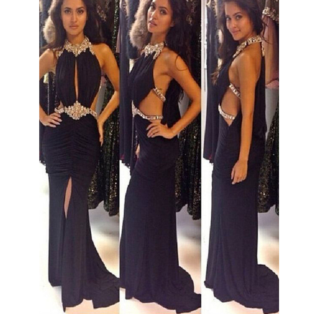New Black Halter Rhinestones Sparkly Sexy Evening Prom Gown Dresses. PD0290