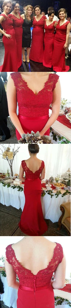 Red Lace V-Neck Mermaid Long Charming Inexpensive Sexy Bridesmaid Dresses, WG53