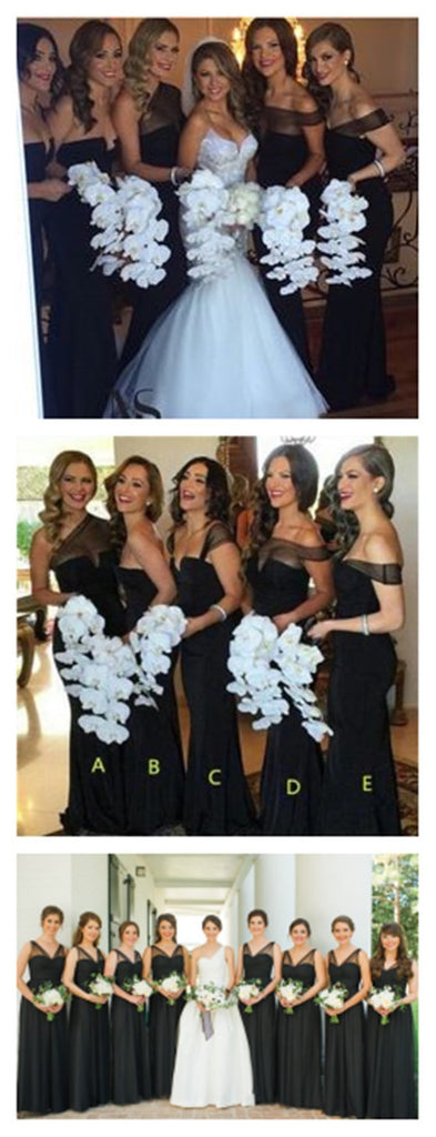 Mismatched Different Styles Off Shoulder Cheap Sexy Black Long Mermaid Bridesmaid Dresses, WG54