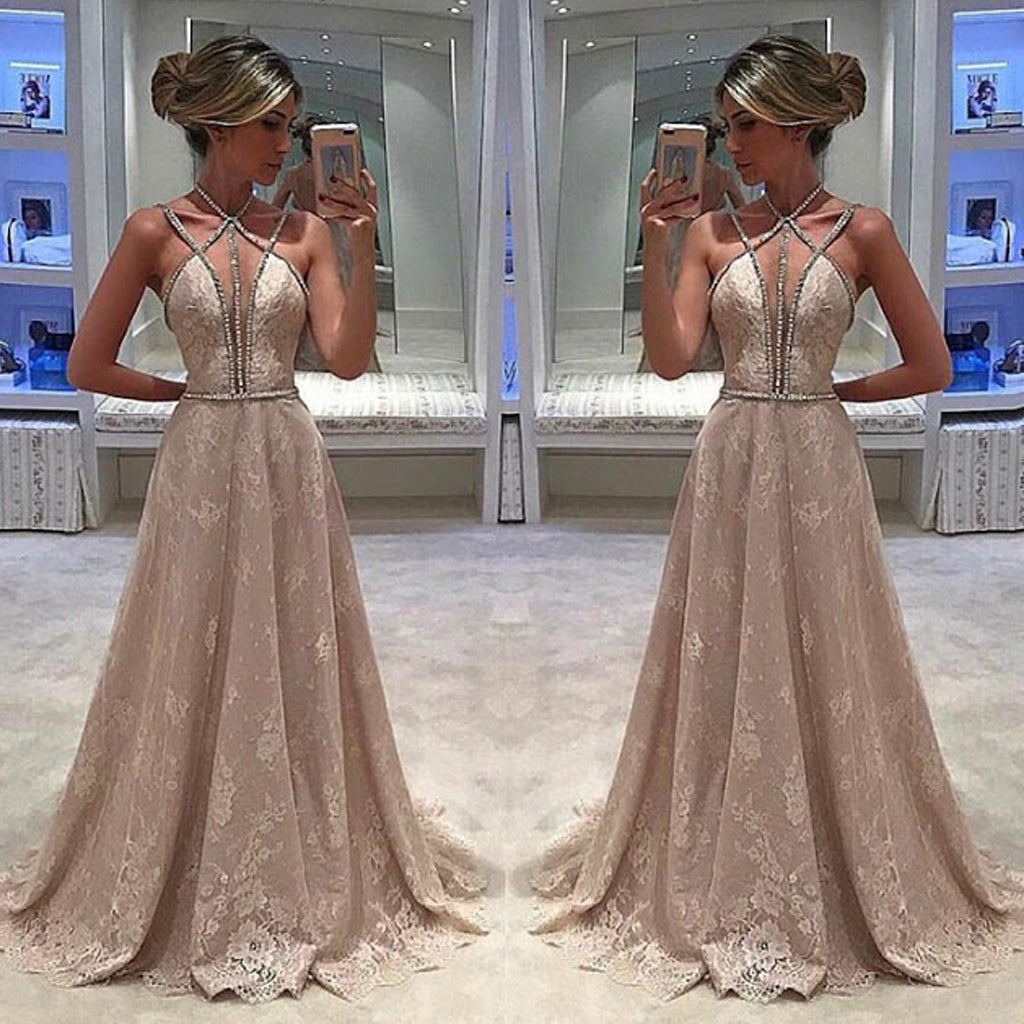Unique Charming Sexy Beading Spaghetti Strap Halter Full Lace Evening Party Prom Gown Dresses,PD00013