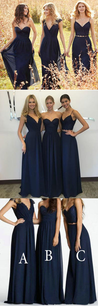 Convertible New Design Elegant Lace Chiffon Navy Blue A Line Floor-Length Inexpensive Bridesmaid Dresses, WG70